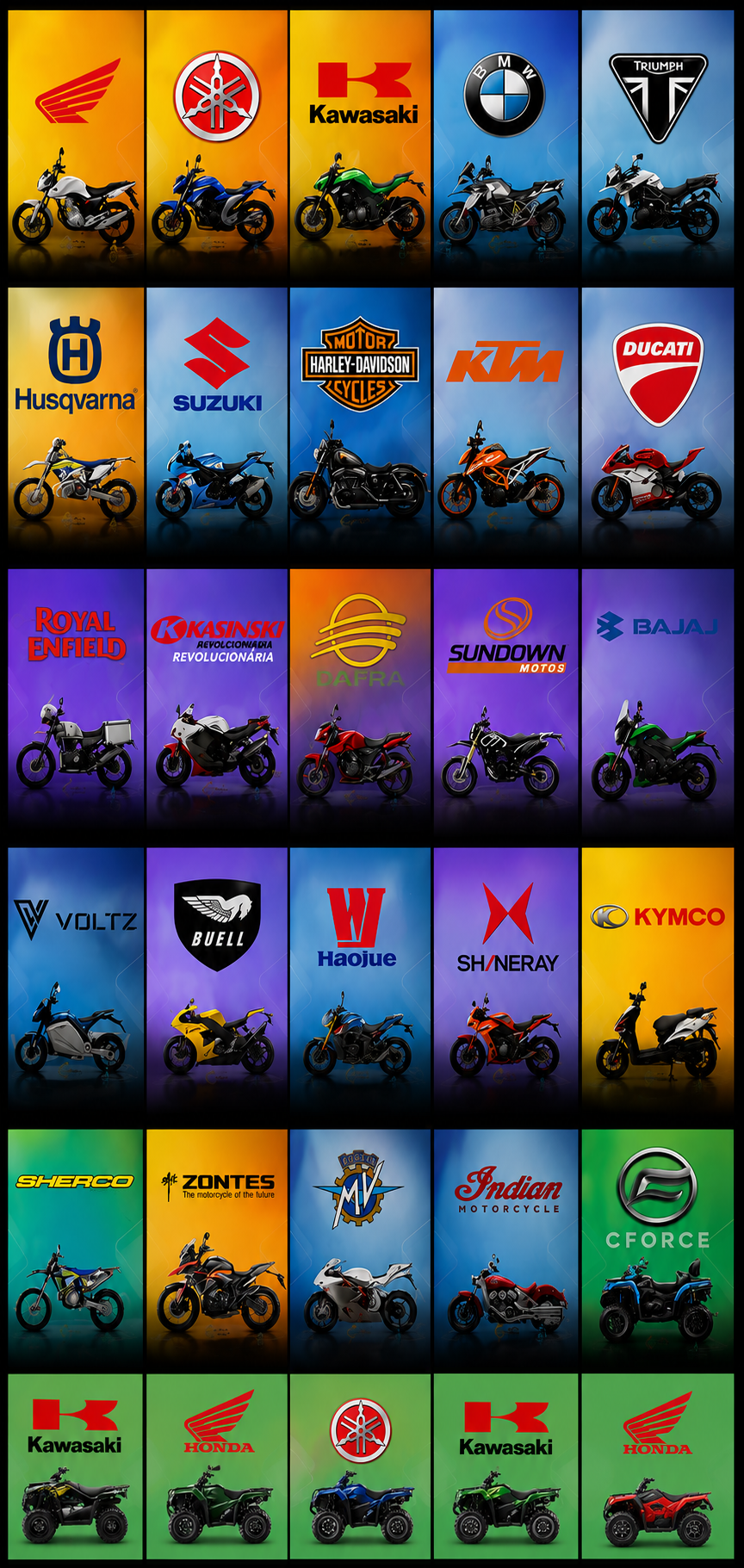 Grade com todas as marcas de motos disponíveis: Honda, Yamaha, Kawasaki, BMW, Triumph, Husqvarna, Suzuki, Harley-Davidson, KTM, Ducati e muitas outras