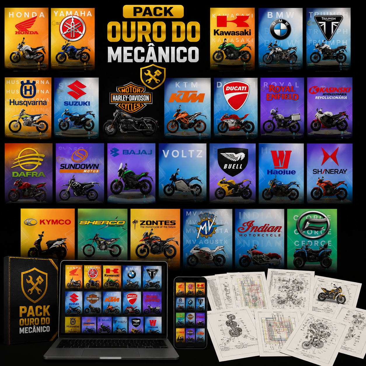 Pack Ouro do Mecânico — manuais técnicos, diagramas elétricos e catálogos de motos